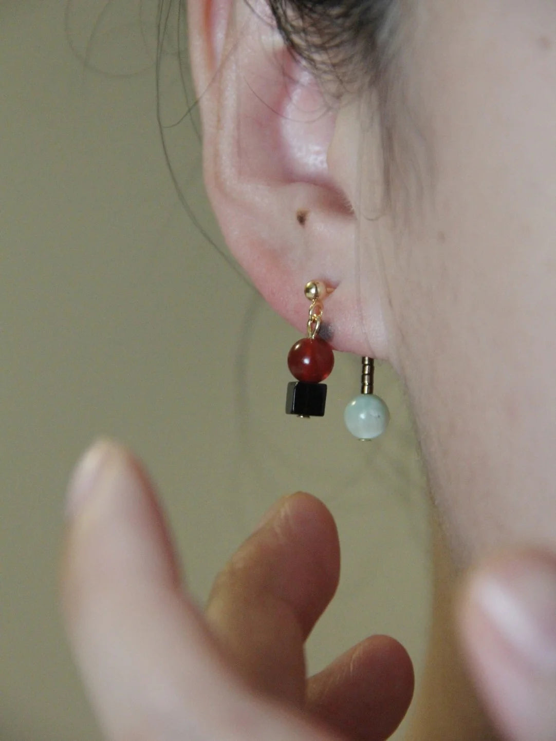Red Agate Jade Pearl Asymmetry Drop Earrings