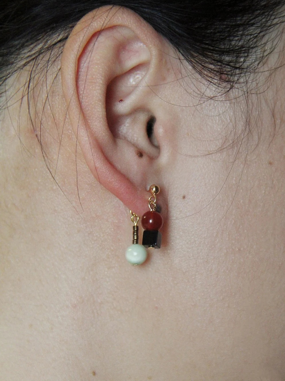 Red Agate Jade Pearl Asymmetry Drop Earrings