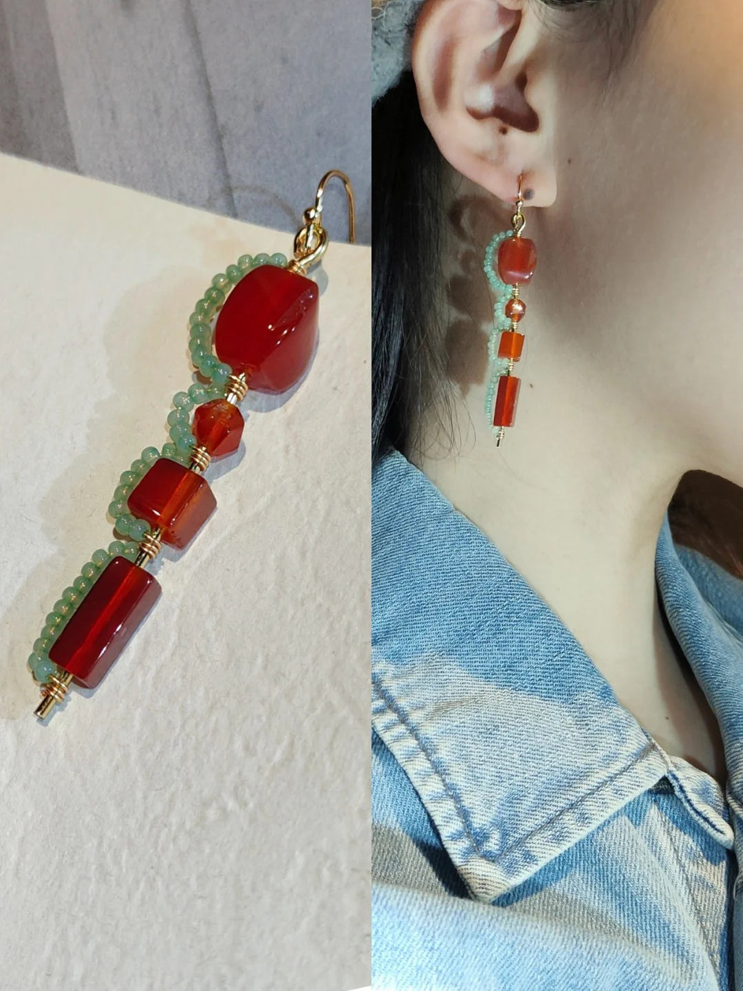 Red Agate lantern Beaded Drop Earrings