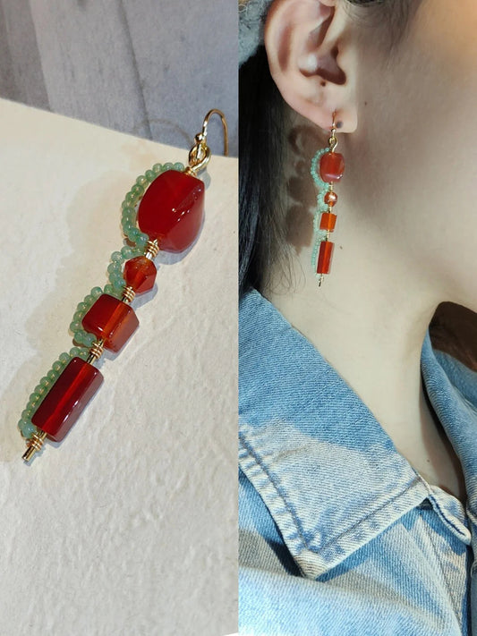 Red Agate lantern Beaded Drop Earrings