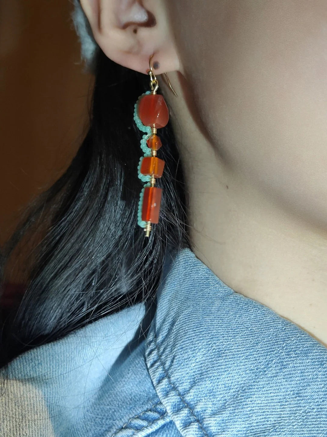 Red Agate lantern Beaded Drop Earrings