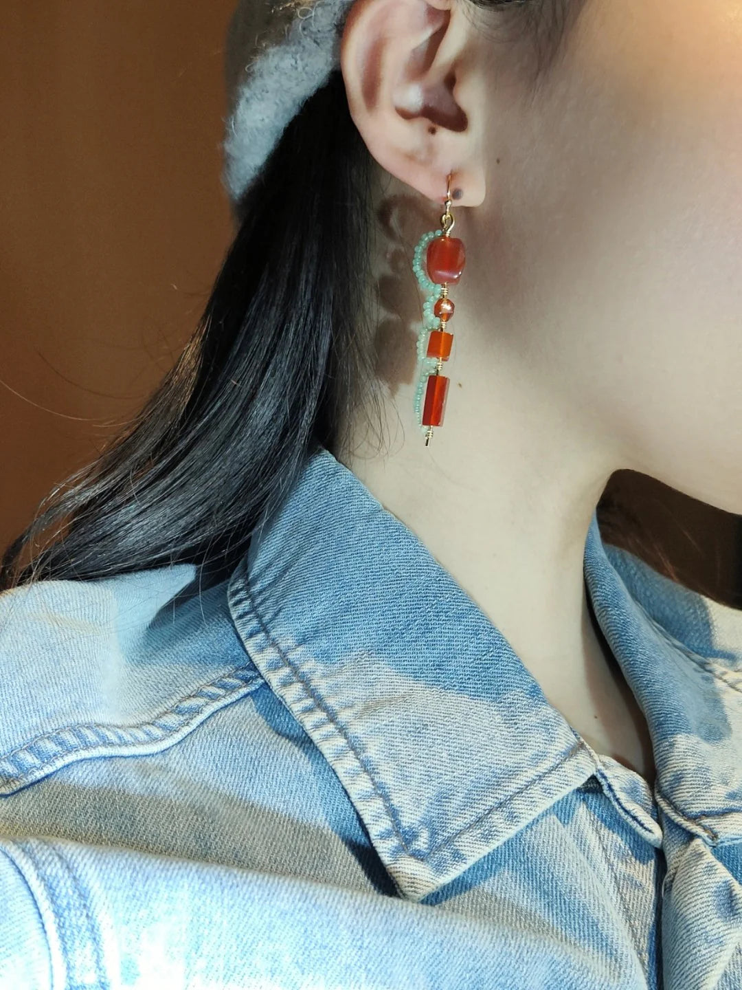 Red Agate lantern Beaded Drop Earrings