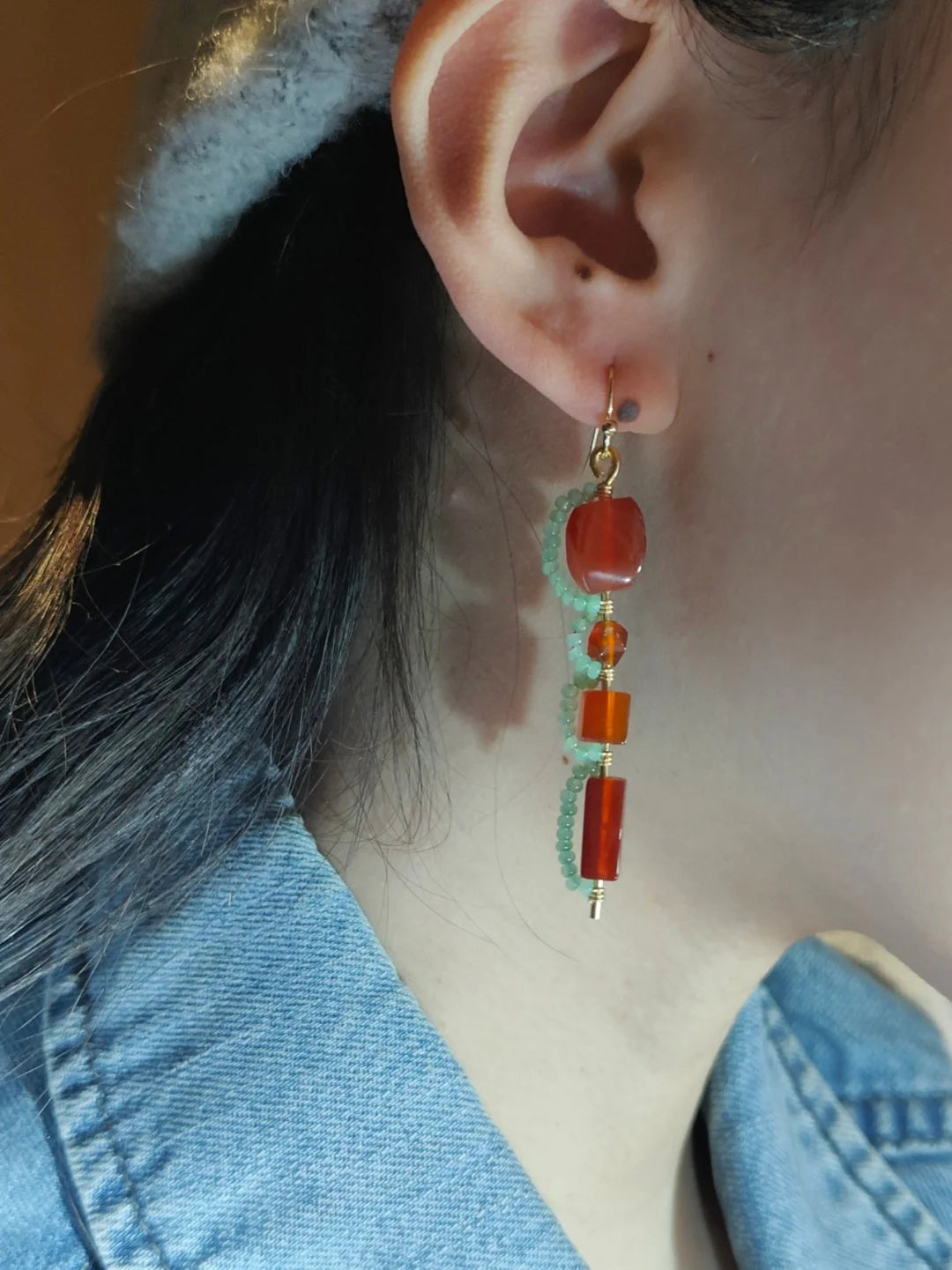 Red Agate lantern Beaded Drop Earrings