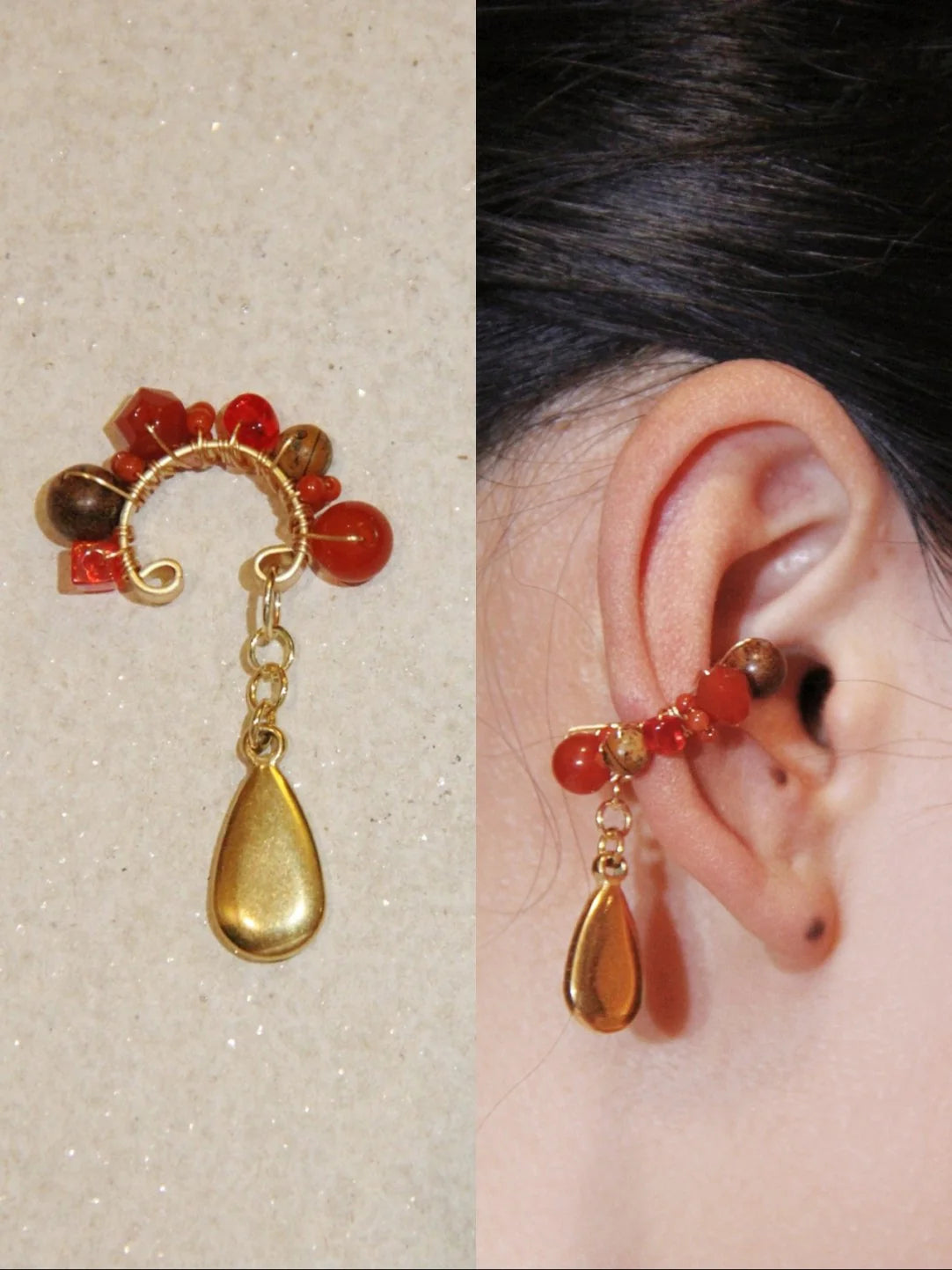 Red Agate Beads Metal Drop Conch Clip