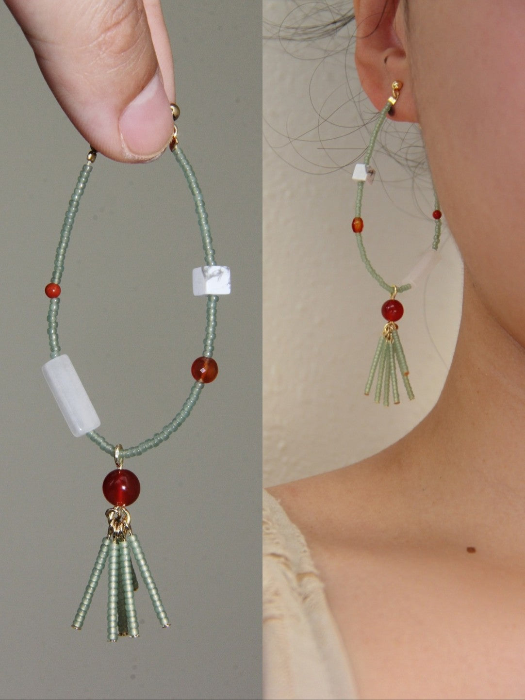 Verdant Rouge Jade Beaded Hoop Earrings