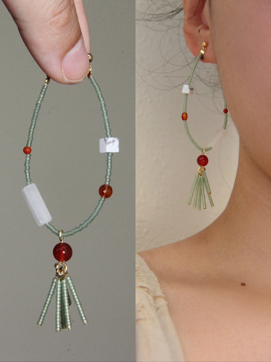 Verdant Rouge Jade Beaded Hoop Earrings