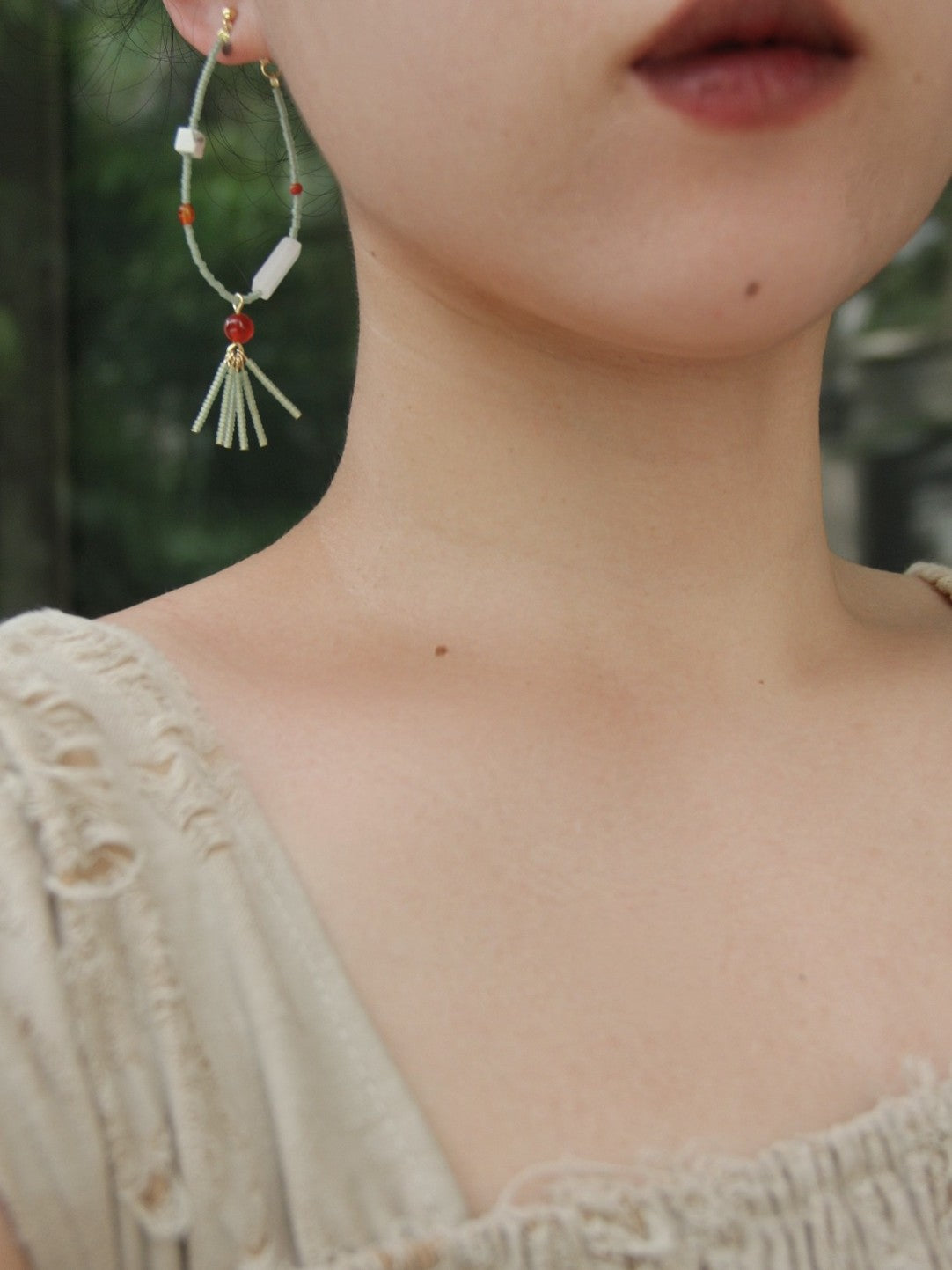 Verdant Rouge Jade Beaded Hoop Earrings