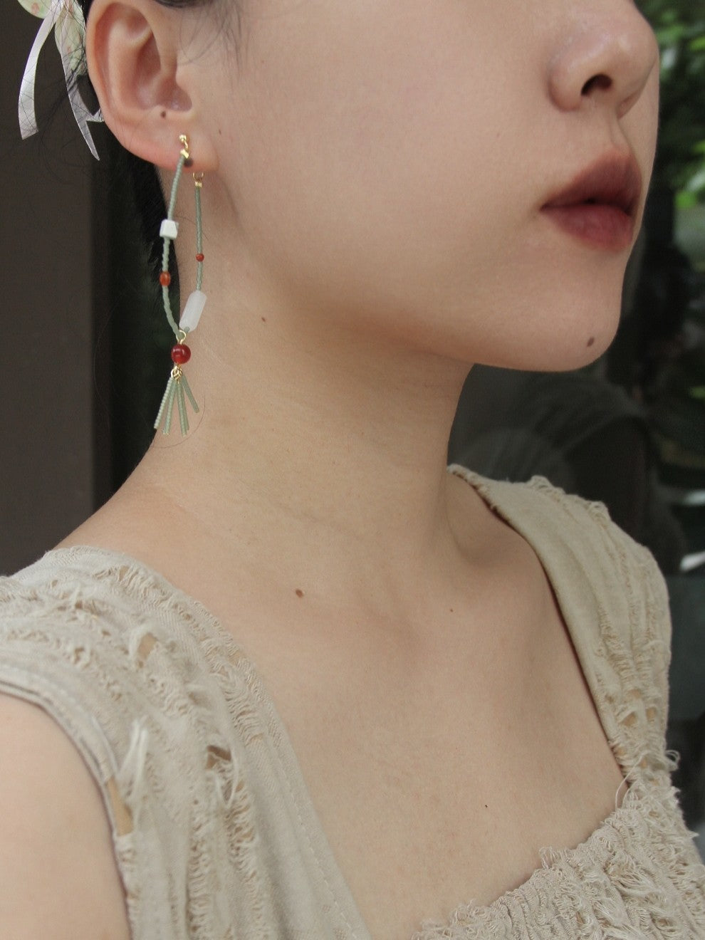 Verdant Rouge Jade Beaded Hoop Earrings