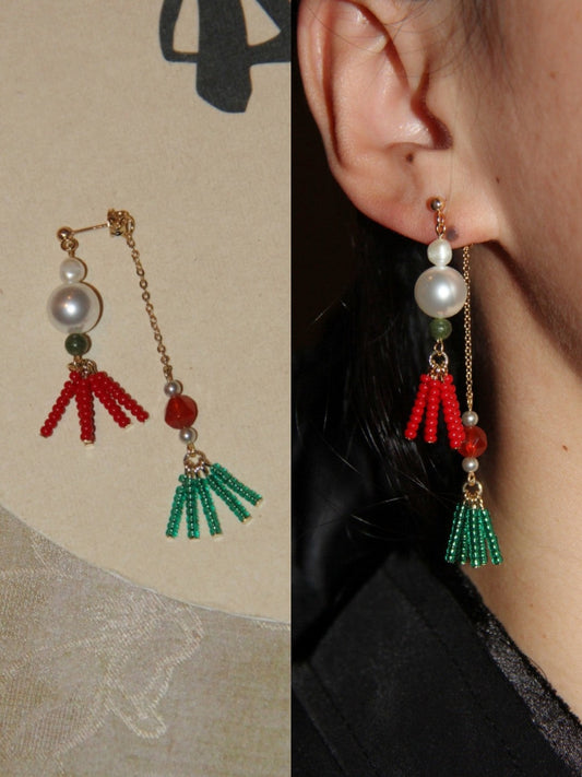 Rouge Verdant Pearl Tassel Drop Earrings